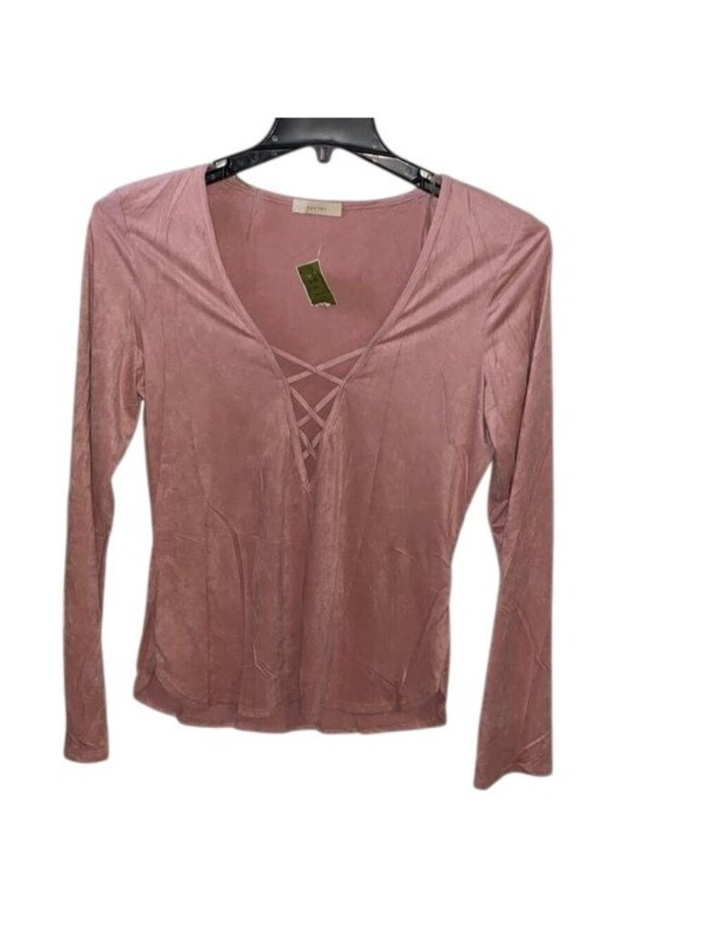 Pink Long Sleeve V-Neck Top With Crisscross Detail By Poetry Size XL